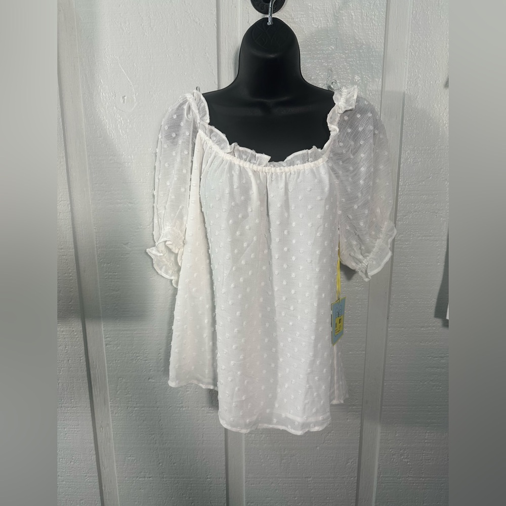 Cece Womens Shirt Puff Sleeve Square Neck Ruffle Dot White Top Size Small NWT